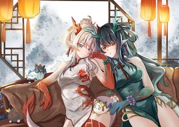 Rule 34 | 2girls, annotated, arknights, bare shoulders, black hair, blush, brown eyes, china dress, chinese clothes, chinese commentary, chongyue (arknights), closed mouth, colored extremities, commentary request, couch, dated, dragon bean (arknights), dragon girl, dragon horns, dragon print, dragon tail, dress, dusk (arknights), dusk (everything is a miracle) (arknights), earrings, green dress, hair between eyes, heads together, highres, horns, jewelry, ling (arknights), long hair, looking at viewer, multiple girls, nian (arknights), nian (unfettered freedom) (arknights), official alternate costume, on couch, parted lips, partial commentary, pelvic curtain, pillow, pointy ears, print dress, purple eyes, shu (arknights), siblings, side slit, sisters, sitting, sleeveless, sleeveless dress, smile, tail, tassel, tassel earrings, white dress, white hair, yu (arknights), zerosama (sailuojiang)