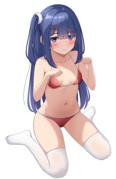 1girl bare_arms bare_shoulders bikini blue_eyes blue_hair blush breasts closed_mouth collarbone full_body hair_ornament hair_scrunchie hairclip half-closed_eyes hands_up long_hair looking_at_viewer navel no_shoes one_side_up original paw_pose red_bikini scrunchie sewashikun sidelocks simple_background sitting small_breasts smile solo straight_hair string_bikini swimsuit thighhighs very_long_hair wariza white_background white_scrunchie white_thighhighs