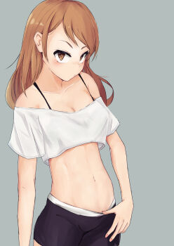 1girl abs clothes_pull expressionless midriff navel paguningen simple_background tagme toned