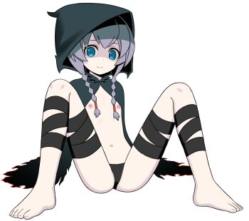 1girl ami_(ammy33) barefoot black_cloak black_panties blue_eyes braid cloak curse_maker curse_maker_2 etrian_odyssey feet female_focus flat_chest hood hood_up leg_strap loli long_hair looking_at_viewer navel nipples panties purple_hair sitting solo spread_legs thigh_strap toes twin_braids underwear white_background