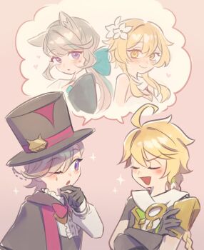 2boys 2girls aether_(genshin_impact) animal_ears black_cape black_gloves black_hat blonde_hair blush brother_and_sister cape cat_ears closed_eyes closed_mouth commentary_request crossed_arms flower genshin_impact gloves grey_hair hair_flower hair_ornament hat highres long_hair looking_at_another looking_at_viewer lumine_(genshin_impact) lynette_(genshin_impact) lyney_(genshin_impact) multiple_boys multiple_girls one_eye_closed purple_eyes siblings smile top_hat twins ukata white_flower yellow_eyes