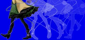 1girl ankle_boots black_boots black_pantyhose blouse blue_background boots commentary film_grain floral_print floral_print_skirt frilled_skirt frilled_sleeves frills green_skirt head_out_of_frame heart highres jun_jun_0319 komeiji_koishi outline pantyhose print_skirt rose_print sequential shirt skirt sleeves_past_fingers sleeves_past_wrists solo third_eye touhou twitter_username walking white_outline yellow_shirt