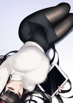 1girl arm_up ass black_hair black_pantyhose black_skirt blue_archive blueorca blunt_bangs breasts bright_pupils fine_fabric_emphasis hair_ornament hairband hairclip halo highres holding holding_tablet_pc huge_breasts large_breasts long_hair long_sleeves looking_at_viewer lying miniskirt office_lady on_back on_side pantyhose parted_lips pencil_skirt red_eyes rio_(blue_archive) shirt simple_background skirt solo sweater tablet_pc taut_clothes taut_sweater thighs turtleneck turtleneck_sweater uniform upside-down very_long_hair white_pupils white_shirt white_sweater