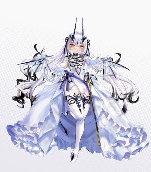 1girl absurdres blush breasts capelet dragon_wings dress elbow_gloves fate/grand_order fate_(series) forked_eyebrows full_body gloves grin hair_ribbon highres horns klash long_hair looking_at_viewer melusine_(celebratory_attire)_(fate) melusine_(fate) outstretched_arms pelvic_curtain ribbon showgirl_skirt sidelocks small_breasts smile solo thighhighs twintails white_capelet white_dress white_gloves white_hair white_thighhighs wings yellow_eyes