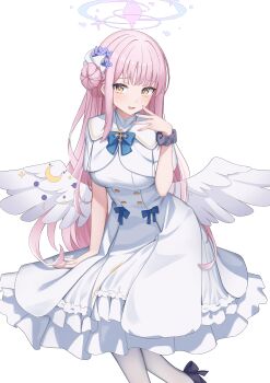 1girl absurdres angel_wings blue_archive blue_bow bow buttons capelet commentary_request double-breasted dress feathered_wings feet_out_of_frame flower gold_trim hair_bun hair_flower hair_ornament halo high_heels highres light_blush long_hair low_wings mika_(blue_archive) open_mouth pink_hair pink_halo pumps purple_flower scrunchie simple_background single_hair_bun single_side_bun smile sn_kaze solo very_long_hair white_background white_capelet white_dress white_wings wing_ornament wings wrist_scrunchie