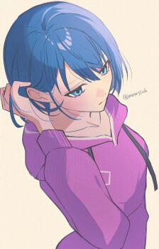 Rule 34 | 1girl, absurdres, adversarial noise, blue eyes, blue hair, breasts, closed mouth, collarbone, commentary, drawstring, from above, from side, hair behind ear, hair between eyes, hand up, hatori naco, highres, hood, hood down, hoodie, kiritani haruka, long sleeves, looking to the side, medium breasts, pink hoodie, project sekai, short hair, simple background, single sidelock, solo, symbol-only commentary, tucking hair, twitter username, upper body, yellow background