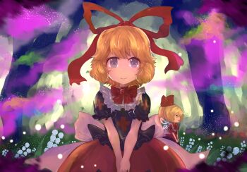 Rule 34 | 2girls, back ribbon, black shirt, blonde hair, blue eyes, closed mouth, collar, hair between eyes, hair ribbon, highres, hinohikari, looking at viewer, medicine melancholy, medium hair, multiple girls, neck ribbon, puffy short sleeves, puffy sleeves, red ribbon, ribbon, ribbon trim, shirt, short sleeves, sitting, smile, su-san, touhou, white collar, white ribbon