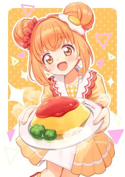 1girl :d blush border broccoli collarbone commentary_request cowboy_shot dot_nose double_bun dress egg_hair_ornament food food-themed_hair_ornament hair_bun hair_ornament highres holding holding_plate ketchup kirara_tamako looking_at_viewer nijisanji omelet omurice open_mouth orange_background orange_dress orange_eyes orange_hair outline outside_border plate polka_dot polka_dot_background short_hair short_sleeves sidelocks smile solo sparkle tokoshibyra twitter_username virtual_youtuber waitress white_border white_outline