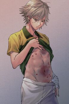 1boy ahoge bags_under_eyes bandaged_hand bandages brown_eyes brown_hair bruise bruise_on_chest bruise_on_stomach cigarette_burn clothes_lift clothes_pull collarbone collared_shirt commentary_request cowboy_shot film_grain fingernails from_side green_shirt grey_background groin hair_between_eyes hand_up highres hip_bones injury looking_down male_focus navel omanjumaturi1 parted_lips pulling_own_clothes reverse_ryona ribs shiraishi_kuranosuke shirt shirt_lift short_hair short_sleeves shorts shorts_pull small_sweatdrop solo sportswear tennis_no_ouji-sama tennis_uniform two-tone_shirt white_shorts yellow_shirt