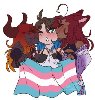 3girls animal_ears belt black_bra blue_hair blush bra bracelet bridal_gauntlets brown_hair celevii_(celevii) claws cleavage_cutout clothing_cutout colored_skin cyn_(sarzelight) dark-skinned_female dark_skin demon_girl demon_horns elf full-face_blush green_eyes grey_skin heart heart_o-ring heart_ring_top highres holding_hands horns japanese_clothes jewelry kimono kiss lilith_(primordiallilith) long_sleeves multicolored_hair multiple_girls mxmisstyc o-ring open_mouth orange_hair original pointy_ears polyamory puffy_sleeves purple_kimono purple_tag raccoon_girl red_hair red_ribbon ribbon shirt tanuki_ears transgender_flag two-tone_hair underwear watermark white_shirt