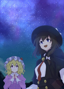 2girls asymmetrical_hair black_capelet black_hat black_skirt blonde_hair blue_eyes bow brown_hair buttons capelet collared_dress collared_shirt commentary dress hair_bow hat hat_bow hat_ribbon high-waist_skirt highres hinagami long_sleeves looking_up maribel_hearn mob_cap multiple_girls neck_ribbon necktie night open_mouth purple_dress purple_eyes red_necktie red_ribbon ribbon shirt shirt_tucked_in skirt smile star_(sky) tie_clip touhou upper_body usami_renko white_bow white_hat white_shirt