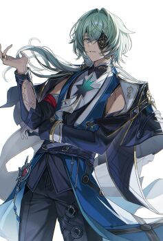 Rule 34 | 1boy, absurdres, anaxa (honkai: star rail), aqua hair, black jacket, black pants, chain, cowboy shot, earrings, eyepatch, gem, hair between eyes, hair intakes, hand up, highres, honkai: star rail, honkai (series), jacket, jewelry, lapels, male focus, mandarin collar, medium hair, notched lapels, one eye covered, pants, parted lips, red gemstone, shirt, side ponytail, simple background, single earring, solo, standing, teeth, white background, white shirt, zuzu (zuronpa)