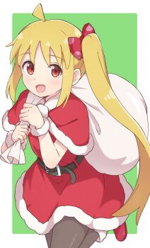 1girl :d ahoge belt black_belt black_pantyhose blonde_hair blush bocchi_the_rock! boots border capelet christmas cowboy_shot dress fur-trimmed_boots fur-trimmed_capelet fur-trimmed_dress fur_trim green_background highres holding holding_sack ijichi_nijika leg_up long_hair looking_at_viewer mimori_(mimori_05) open_mouth outside_border pantyhose red_boots red_capelet red_dress red_eyes sack santa_costume santa_dress side_ponytail sidelocks simple_background smile solo white_border