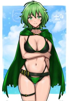 1girl arm_under_breasts artist_name belt bikini blue_sky border borrowed_character breasts cape choker cleavage closed_mouth commentary commission cowboy_shot english_commentary green_belt green_cape green_choker green_eyes green_hair highleg highleg_bikini highres hand_on_own_arm large_breasts looking_at_viewer navel original outside_border rotomdocs short_hair sky smile solo split_mouth stomach swimsuit thigh_strap white_border
