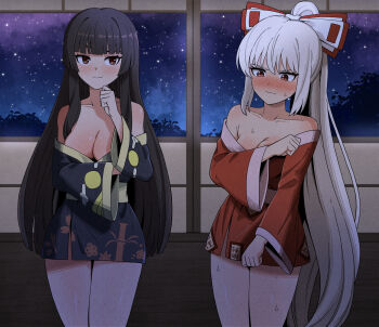 Rule 34 | 2girls, absurdres, alternate costume, black kimono, blush, bow, breasts, brown eyes, brown hair, cleavage, closed mouth, collarbone, commentary, ddok, embarrassed, english commentary, fujiwara no mokou, grey hair, hair bow, highres, houraisan kaguya, japanese clothes, kimono, large breasts, long hair, long sleeves, multiple girls, night, off shoulder, ponytail, red eyes, red kimono, short kimono, sky, star (sky), sweatdrop, textless version, touhou, very long hair, white bow, wide sleeves