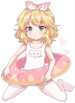 1girl :< bare_shoulders blonde_hair blush_stickers breasts collarbone dot_nose double-parted_bangs expressionless full_body green_eyes hair_between_eyes hairband heart highres idolmaster idolmaster_cinderella_girls innertube name_tag new_school_swimsuit one-piece_swimsuit remiri_nicoeli sakurai_momoka school_swimsuit short_hair simple_background sitting small_breasts solo swim_ring swimsuit thighhighs wariza wavy_hair white_background white_hairband white_one-piece_swimsuit white_thighhighs