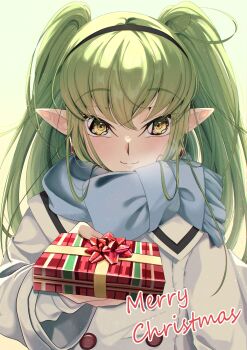 1girl absurdres black_hairband blue_scarf blush box breath budgiepon c.c. closed_mouth coat code_geass commentary cosplay enpera eyelashes frieren frieren_(cosplay) fringe_trim gift gift_box green_background green_hair hair_between_eyes hairband hand_up highres holding holding_gift incoming_gift long_hair long_sleeves looking_at_viewer merry_christmas pointy_ears scarf sidelocks simple_background smile snowing solo sousou_no_frieren straight-on straight_hair two_side_up upper_body very_long_hair white_coat wide_sleeves winter_clothes yellow_eyes