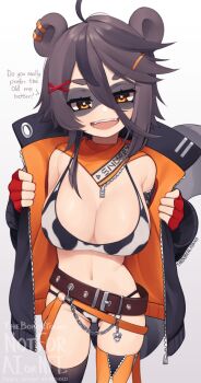 1girl animal_ears animal_print asymmetrical_legwear belt bikini black_hair breasts chain cleavage cow_print earclip english_text fingerless_gloves gloves hair_between_eyes hair_ornament hairclip half-closed_eyes highres indie_virtual_youtuber jacket large_breasts looking_at_viewer mismatched_legwear navel open_clothes open_jacket open_mouth orange_eyes print_bikini raccoon_ears raccoon_girl raccoon_tail red_gloves short_hair simple_background snuffy_(smilfy)_(vtuber) snuffy_(vtuber) solo standing swimsuit symbol-shaped_pupils tail thighhighs virtual_youtuber white_background yoako