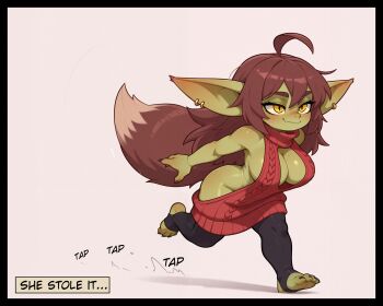 1girl ahoge ai-assisted ass ass_freckles body_freckles breasts brown_hair claws colored_skin english_text fang female_goblin fewer_digits fox_tail freckles goblin green_skin highres large_breasts large_ears large_tail long_hair messy_hair monster_girl naruto_run original oversized_clothes pointy_ears protokebab running shortstack slit_pupils smug solo stirrup_legwear tail thick_eyebrows thighhighs toe_claws toeless_legwear virgin_killer_sweater yellow_eyes zeimi_(pixelkebab)