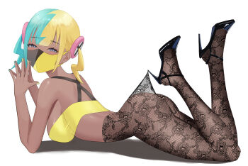 1girl absurdres aqua_hair ass bandeau black_mask blonde_hair blue_eyes blush breasts canari_(pokemon) center-flap_bangs criss-cross_straps dark-skinned_female dark_skin half-closed_eyes high_heels highres isso_jp lace lace_pantyhose lace_pantyhose_hooked_on_heel_(meme) large_breasts legs_up mask medium_breasts meme mouth_mask multicolored_hair nintendo own_hands_together pantyhose pokemon pokemon_legends:_z-a short_twintails solo split-color_hair twintails two-tone_mask yellow_bandeau yellow_mask