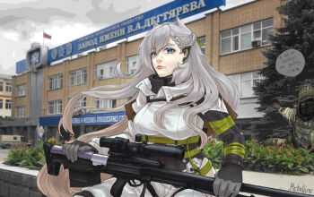 1boy 1girl anti-materiel_rifle artist_name belt black_leotard blue_eyes bow breasts building bullpup cloud cloudy_sky commentary crossover cyrillic english_commentary face_mask flower girls&#039;_frontline gloves gorka green_belt green_bow green_gloves grey_hair gun hair_between_eyes highres hood jacket kapkan_(rainbow_six_siege) ksvk_(girls&#039;_frontline) large_breasts leotard load_bearing_vest long_hair mask mechanical_arms metalline_infernal military_combat_uniform military_uniform pants photo_background pointing profanity rainbow_six_siege ribbed_leotard rifle russia russian_flag russian_text scope sign sitting sky sniper_rifle speech_bubble thigh_strap translated very_long_hair weapon white_jacket white_pants