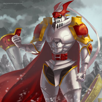 Rule 34 | armor, cape, clenched hands, cowboy shot, digimon, digimon (creature), dukemon, helmet, knight, polearm, red cape, sartika3091, shield, solo, spear, weapon, white armor, white helmet, yellow eyes