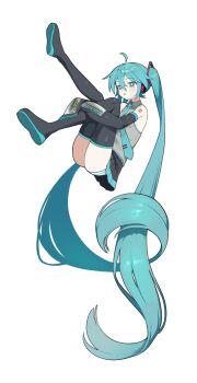 1girl absurdly_long_hair blue_eyes blue_hair boots collared_shirt commentary detached_sleeves floating full_body hair_ornament hashtag-only_commentary hatsune_miku headphones highres hugging_own_legs knee_up leg_up long_hair long_sleeves miniskirt mottoyo necktie panties parted_lips pleated_skirt shirt skirt sleeveless sleeveless_shirt sleeves_past_fingers sleeves_past_wrists solo striped_clothes striped_panties thigh_boots treble_clef twintails underwear very_long_hair vocaloid
