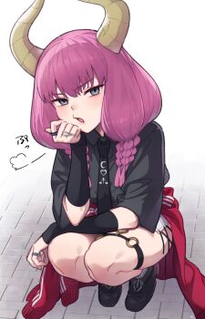 1girl arm_warmers aura_(sousou_no_frieren) black_arm_warmers black_necktie black_shirt black_shoes braid casual clothes_around_waist collared_shirt commentary contemporary cross-laced_clothes cross-laced_skirt demon_girl demon_horns elbow_rest eyelashes garter_straps grey_eyes hand_on_own_face head_rest heart heart_o-ring highres horns jacket jacket_around_waist jewelry long_hair looking_at_viewer looking_up low-braided_long_hair low-tied_long_hair miniskirt mitsurugi_sugar multiple_braids necktie o-ring o-ring_garter_straps o-ring_thigh_strap open_mouth puff_of_air purple_hair quad_braids red_jacket ring shirt shoes single_garter_strap skirt solo sousou_no_frieren squatting stone_floor thigh_strap tiptoes track_jacket v-shaped_eyebrows variant_set white_background white_skirt