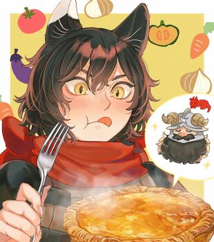 1boy 1girl :q alt_text animal_ears armor beard black_hair black_shirt bow carrot cat_ears cat_girl chibi chibi_inset closed_eyes dungeon_meshi eggplant facial_hair fake_horns fingernails food fork hair_between_eyes hand_up helmet highres holding holding_fork horned_helmet horns izutsumi leather_armor light_blush long_fingernails looking_at_food looking_down meat_pie mismatched_animal_ear_colors mustache onion pie red_dragon_(dungeon_meshi) red_scarf sasakura34 scarf scarf_bow senshi_(dungeon_meshi) shirt short_hair slit_pupils sparkle speech_bubble tomato tongue tongue_out upper_body