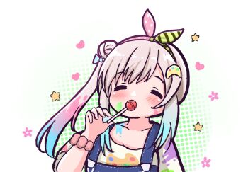 1girl airani_iofifteen alpha_cas blue_hair candy food gradient_hair hair_bun hair_ornament hairband highres hololive hololive_indonesia lollipop long_hair long_sidelocks multicolored_hair paint_splatter pink_hair side_ponytail sidelocks smile solo virtual_youtuber