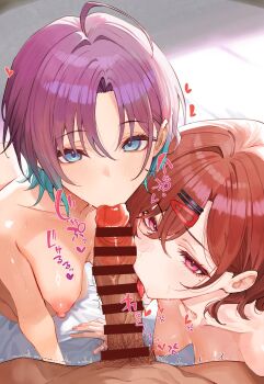 1boy 2girls absurdres ahoge asakura_toru bar_censor blue_eyes blue_hair breasts censored collarbone cooperative_fellatio fellatio ffm_threesome gradient_hair group_sex hair_ornament hairclip heart hetero highres higuchi_madoka idolmaster idolmaster_shiny_colors licking licking_penis looking_at_viewer male_pubic_hair medium_breasts mole mole_under_eye multicolored_hair multiple_girls nipples nude oral parallel_hairclips penis pink_eyes pov pubic_hair purple_hair red_hair short_hair suujiniku teamwork_(sexual) threesome tongue tongue_out
