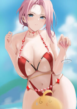 1girl @_@ absurdres azur_lane blue_eyes breasts cleavage commentary_request cup dead_or_alive dead_or_alive_xtreme dead_or_alive_xtreme_venus_vacation drinking_glass elise_(doa) elise_(one_divine_afternoon)_(doa) gem highres large_breasts looking_at_viewer luckyyeah manjuu_(azur_lane) navel official_alternate_costume one-piece_swimsuit pink_hair red_gem red_one-piece_swimsuit solo swimsuit