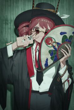1girl alternate_costume artist_name black_jacket black_necktie cellphone closed_mouth collared_shirt commentary drill_hair english_commentary folding_fan glasses hand_fan highres holding holding_fan holding_phone jacket jellyrexart kasane_teto looking_at_viewer necktie open_clothes open_jacket phone red_eyes red_hair shirt smartphone solo utau white_shirt