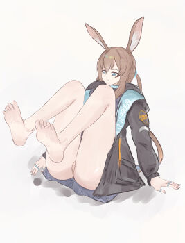 1girl absurdres amiya_(arknights) animal_ears arknights barefoot blue_eyes brown_hair feet feet_up highres long_hair no_panties pussy sixu soles toes