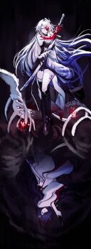 Rule 34 | 1girl, absurdres, acheron (honkai: star rail), acheron (izumo) (honkai: star rail), asymmetrical legwear, bandages, colored extremities, crop top, flower, full body, gloves, highres, holding, holding weapon, honkai: star rail, honkai (series), horns, japanese clothes, kimono, leg tattoo, long hair, official alternate costume, purple hair, red eyes, red flower, red horns, reflection, ribs, scabbard, sheath, sparrow4193941, spine, tattoo, uneven legwear, very long hair, weapon, white hair