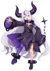 Rule 34 | 1girl, absurdres, ahoge, black dress, black footwear, demon girl, demon horns, dress, fang, full body, grey hair, highres, hololive, horns, la+ darknesss, long hair, long sleeves, looking at viewer, multicolored hair, open mouth, pointy ears, purple hair, purple thighhighs, simple background, single thighhigh, slit pupils, smile, solo, standing, streaked hair, teeth, thighhighs, upper teeth only, usushio, very long hair, virtual youtuber, white background, wide sleeves, yellow eyes