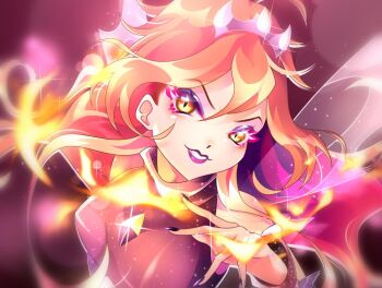 1girl ahoge bad_id bad_twitter_id bare_shoulders black_arm_warmers black_nails black_shirt bloom_(winx_club) chest_jewel chocofish colored_eyelashes commentary crop_top dark_bloom_(winx_club) english_commentary evil_grin evil_smile eyeshadow fairy fangs fingernails fire floating_hair furrowed_brow gem gleam glitter grin hair_between_eyes light_blush light_particles lipstick long_hair magical_girl makeup nail_polish orange_hair pink_background purple_eyeshadow purple_lips pyrokinesis sharp_fingernails shirt silver_tiara sleeveless sleeveless_shirt slit_pupils smile solo sparkle tiara turtleneck turtleneck_shirt upper_body very_long_hair winx_club yellow_eyes yellow_gemstone