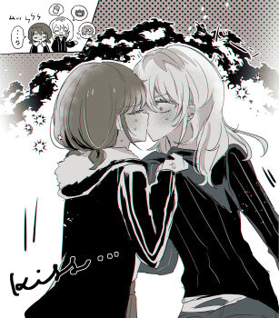 2girls anger_vein classroom closed_eyes closed_mouth commentary earclip girls_band_cry hamchan69 highres hood hood_down iseri_nina kawaragi_momoka kiss long_hair low_twintails multiple_girls short_hair short_twintails sidelocks spoken_anger_vein sweater twintails yuri