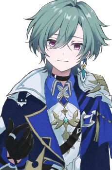 Rule 34 | 1boy, arm up, armor, black choker, black gloves, blue coat, blue gem, blue hair, choker, closed mouth, coat, collared shirt, commentary request, dot nose, double-parted bangs, gem, genshin impact, gloves, highres, lapels, lohen (genshin impact), long sleeves, male focus, pauldrons, purple eyes, shirt, shoulder armor, simple background, single pauldron, smile, solo, taka4423yuki, upper body, white background, wing collar