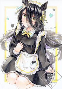 1girl ahoge animal_ears apron black_dress black_hair blush bow breasts commentary_request dress ear_tag earrings hair_between_eyes highres horse_ears horse_girl horse_tail jewelry long_bangs long_hair long_hair_between_eyes long_sleeves looking_at_viewer maid maid_apron maid_headdress manhattan_cafe_(umamusume) multicolored_hair ribbon seiza shin_kun30 single_earring sitting solo star_(symbol) tail umamusume very_long_hair white_apron white_hair white_headdress yellow_bow yellow_eyes