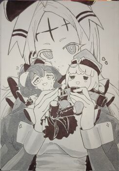 3girls character_doll closed_mouth cross cross_facial_mark doll dress facial_mark forehead_mark greyscale heart highres holding holding_doll large_ribbon leoparde_(mahou_shoujo_ni_akogarete) light_blush light_frown long_hair looking_at_viewer magia_baiser mahou_shoujo_ni_akogarete makotogab monochrome multiple_girls nero_alice pen_(medium) photo_(medium) sweat traditional_media wrist_cuffs