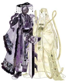 1boy 1girl adapted_costume alternate_hairstyle arm_warmers black_footwear black_gemstone black_hair boots chinese_clothes closed_mouth coat coat_on_shoulders colored_eyelashes cookie_run cookie_run:_kingdom dark-skinned_male dark_cacao_cookie dark_cacao_cookie_(dragon_lord) dark_skin dragon dragon_print drill_hair drill_sidelocks eastern_dragon expressionless full_body fur-trimmed_coat fur_trim gem greatsword guan_hat hagoromo hair_between_eyes hair_bun hair_ornament half-closed_eyes hanbok hand_up hands_on_hilt highres holding holding_sword holding_weapon humanization korean_clothes korean_commentary long_bangs long_coat long_hair long_sleeves looking_at_viewer loosely_tucked_bangs male_focus mature_male mian_guan mman_moon mudra multicolored_hair mystic_flour_cookie pale_skin parted_bangs planted planted_sword planted_weapon purple_coat purple_eyes purple_gemstone purple_robe robe serious shawl short_hair side-by-side sidelocks simple_background single_hair_bun standing streaked_hair sword tassel veil very_long_hair weapon white_background white_eyelashes white_hair white_veil wide_sleeves yellow_robe