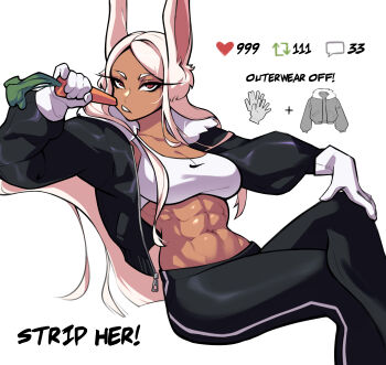 Rule 34 | 1girl, abs, absurdres, animal ears, black jacket, black pants, boku no hero academia, carrot, crossed legs, dark-skinned female, dark skin, english text, food, fur-trimmed jacket, fur trim, gloves, hand on own knee, heart, highres, holding, holding food, holding vegetable, jacket, like and retweet, long eyelashes, long hair, looking at viewer, midriff, mirko, moi yablochki, muscular, muscular female, navel, nike (company), obliques, pants, parted bangs, parted lips, rabbit ears, rabbit girl, red eyes, sitting, solo, sports bra, stomach, twitter strip game, vegetable, very long hair, white background, white gloves, white hair, white sports bra