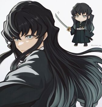 1boy aqua_hair black_hakama black_jacket buttons chibi closed_mouth demon_slayer_uniform full_body hakama haori high_collar highres holding holding_sword holding_weapon jacket japanese_clothes katana kikkoumon kimetsu_no_yaiba long_hair male_focus multicolored_hair multiple_views print_haori simple_background solo sparkle susimesi_sun sword tokitou_muichirou trap twitter_username two-tone_hair weapon white_background