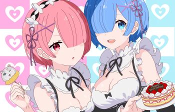 2girls black_sleeves blue_eyes blue_hair breasts cake commentary_request detached_sleeves food hair_ornament hair_ribbon highres large_breasts looking_at_viewer maid medium_breasts multiple_girls open_mouth pink_eyes pink_hair pink_ribbon puck_(re:zero) purple_ribbon ram_(re:zero) re:zero_kara_hajimeru_isekai_seikatsu rem_(re:zero) remnia ribbon roswaal_mansion_maid_uniform siblings sisters twins x_hair_ornament