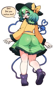 1girl absurdres ass bow bowl bowl_hat capelet floral_print floral_print_skirt frilled_capelet frilled_skirt frills from_behind full_body gradient_hair green_capelet green_eyes green_hair green_hat green_skirt green_sleeves hat hat_bow highres komeiji_koishi multicolored_hair open_mouth print_skirt purple_shoes ruihill shirt shoes skirt teeth third_eye touhou upper_teeth_only yellow_bow yellow_shirt