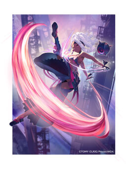 absurdres apartment building dark-skinned_female dark_skin dqn_(dqnww) drone highres kicking motion_lines official_art tagme white_hair wixoss