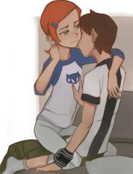 1boy 1girl :3 adjusting_hair animal_print arm_around_neck arm_support baggy_pants ben_10 ben_tennyson blue_shirt blush brown_hair cat_print child couple cousins earrings feason feet flat_chest girl_on_top green_eyes green_pants gwen_tennyson hair_ornament hairclip hand_on_another's_chest hand_on_another's_shoulder hand_on_own_neck hetero hug imminent_kiss incest jewelry kneeling long_sleeves looking_at_another neck no_shoes omnitrix orange_hair pants pillow sexually_suggestive shirt short_hair short_sleeves sitting sitting_on_lap sitting_on_person smile socks straddling striped_clothes striped_shirt t-shirt upright_straddle wariza