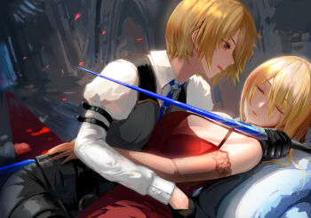 2girls =_= blonde_hair blue_necktie breasts cleavage closed_eyes closed_mouth collared_shirt commentary_request cowboy_shot criss-cross_halter crying crying_with_eyes_open dress dutch_angle eyelashes from_side grey_vest hair_ornament hair_over_one_eye hairclip halterneck heaven_burns_red highres holding holding_sword holding_weapon indoors juliet_sleeves kayamori_ruka large_breasts long_hair long_sleeves looking_at_another lying multiple_girls necktie official_alternate_costume on_back on_bed open_mouth oyama_sou profile puffy_sleeves red_dress red_eyes shirakawa_yuina shirt short_hair sidelocks sketch sleeveless sleeveless_dress sword tears vest weapon white_shirt yuri