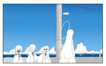 Rule 34 | 4girls, :d, ^ ^, bandages, bandages over eyes, black bow, black bowtie, black mask, blue archive, blue sky, bow, bowtie, closed eyes, cloud, colored skin, cowboy shot, dress, ein (blue archive), hair over one eye, halo, highres, holding hands, long hair, long sleeves, malkuth (blue archive), mask, mechanical arms, medium hair, mouth mask, multiple girls, ocean, ohr (blue archive), one side up, open mouth, pointing, pointing at another, short hair, sky, smile, sof (blue archive), spoilers, triplets, user kwmv3522, utility pole, walking, white dress, white hair, white skin, yellow halo